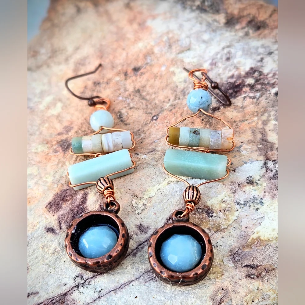 Natural Amazonite In The Scythian Spirit Set In Antique Copper Artifact Earrings - Picture 2 of 11